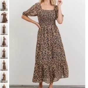 Navy & Gold Flower Smock Dress